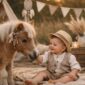 Μικρό αλογάκι δίπλα σε μωρό σε boho σκηνικό βάπτισης με γήινες αποχρώσεις και φυσικά στοιχεία. Boho προσκλητήριο βάπτισης Newage invitations 24b026 rtes