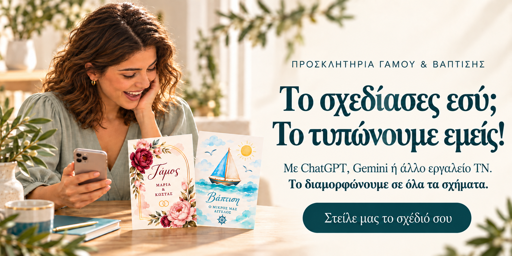 Γυναίκα κοιτάζει το κινητό της δίπλα σε προσκλητήρια γάμου και βάπτισης. «Το σχεδίασες εσύ; Το τυπώνουμε εμείς!» — Newage Invitations.